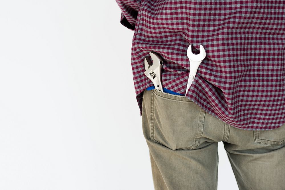 Back Pocket Denim Jeans Wrench Mechanic Portrait