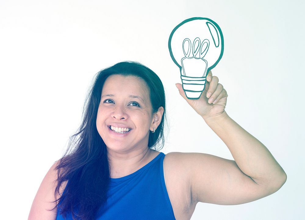 Woman holding papercraft light bulb thinking icon
