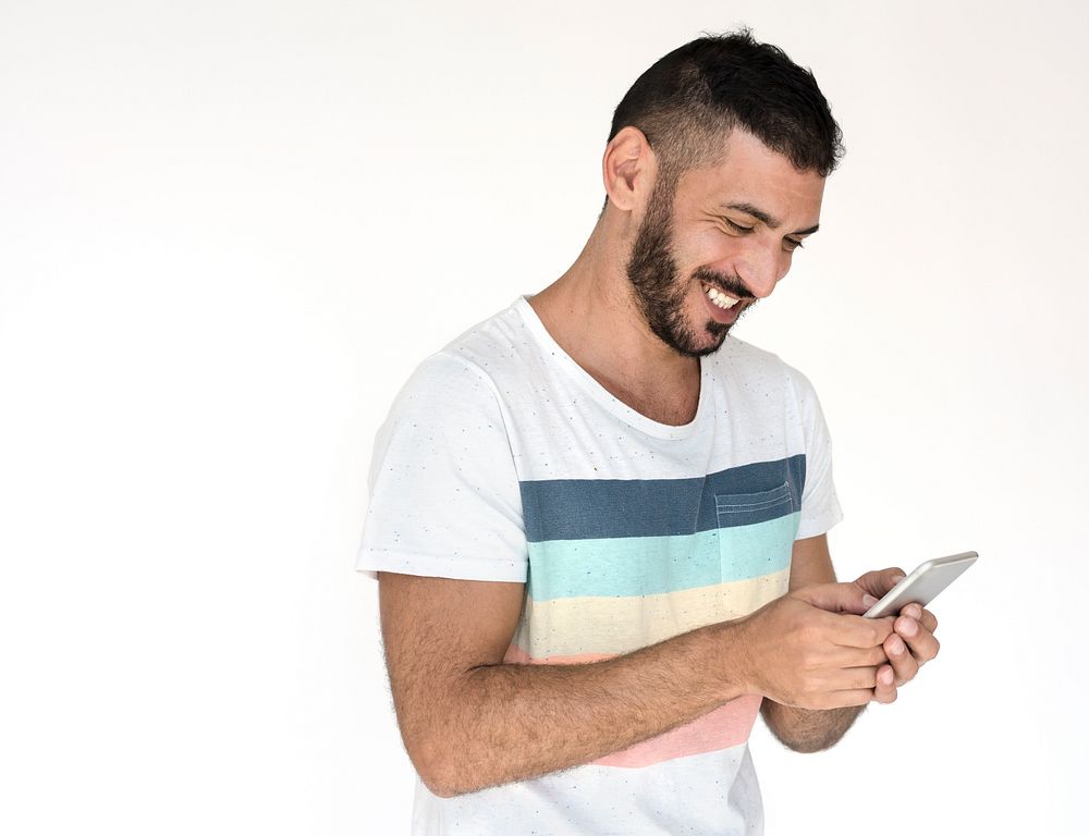 Middle Eastern Man Smiling Happiness Mobile Phone Studio Portrait