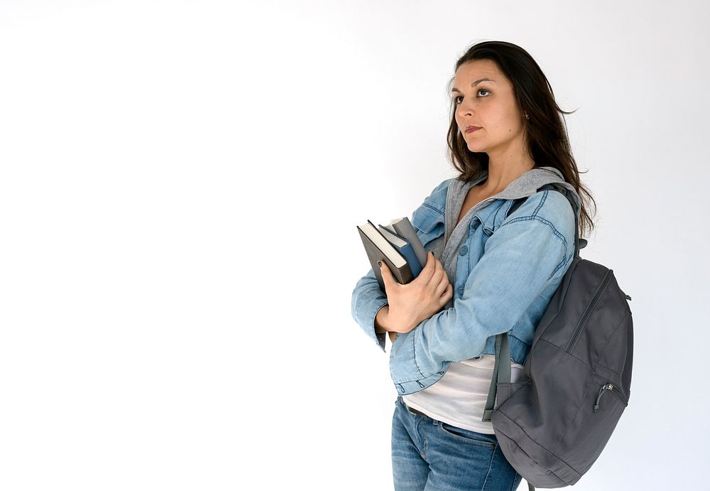 Young Woman Hold Books Backpack