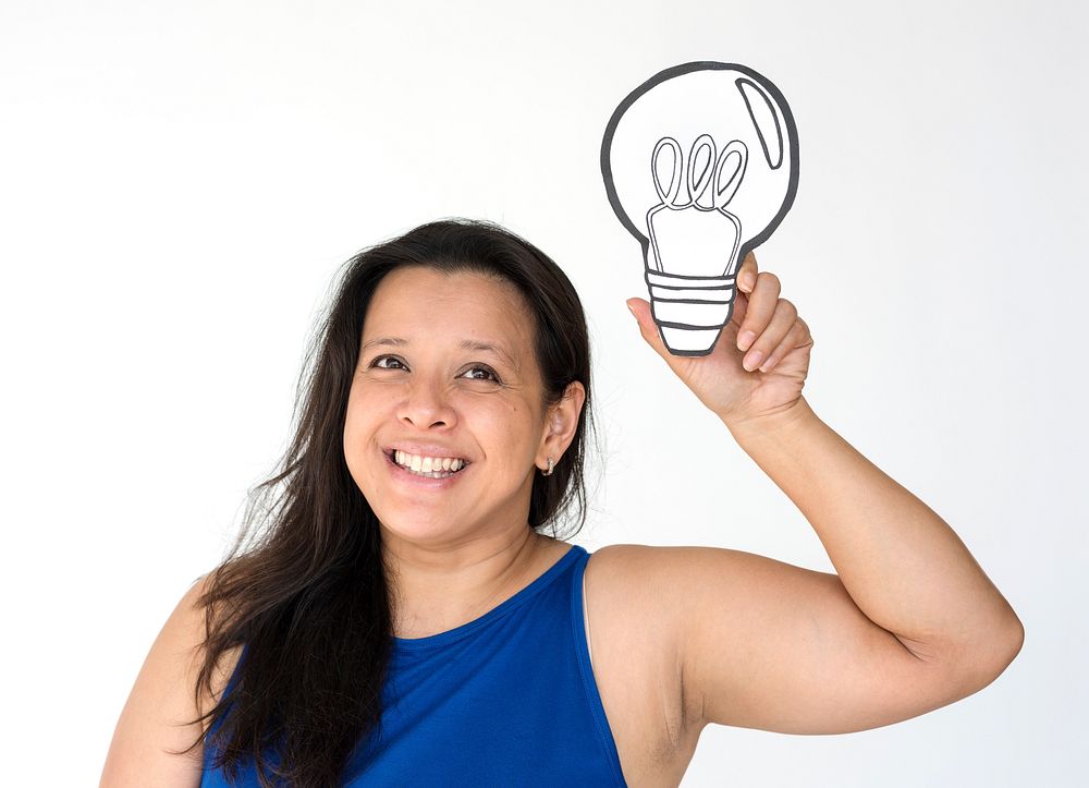 Woman Smiling Happiness Paper Craft Arts Light Bulb Ideas Studio Portrait