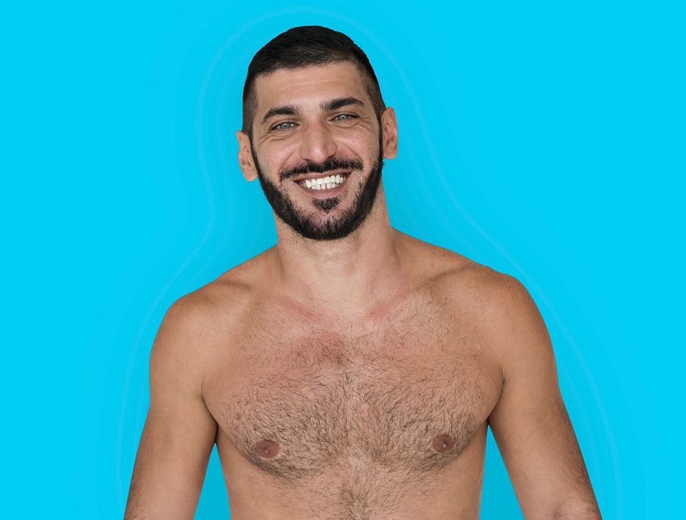 Caucasian Topless Man Smiling Pose