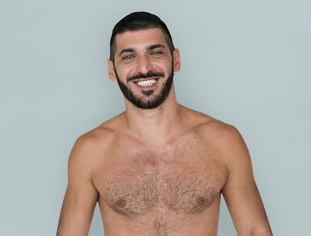 Caucasian Topless Man Smiling Pose