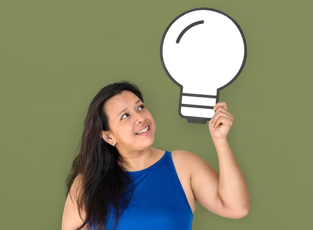 Woman Smiling Happiness Paper Craft Arts Light Bulb Ideas Studio Portrait