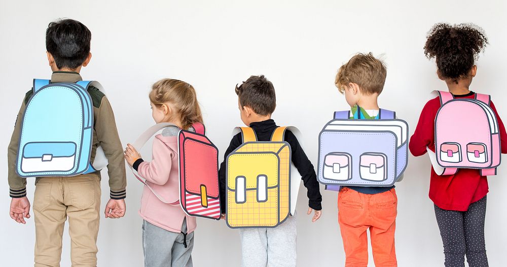 Kids with paper craft school bags