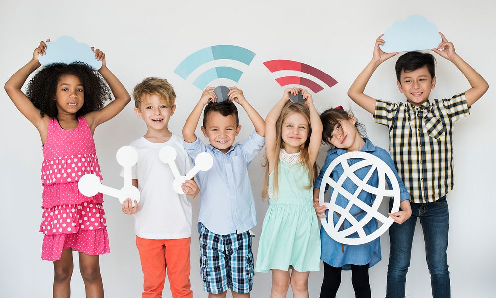 Diverse kids with internet icons