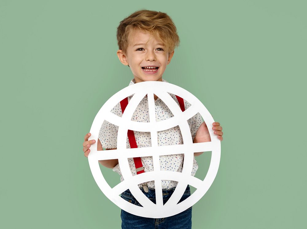 Little Boy Smiling Happiness Holding Globe Symbol Connection