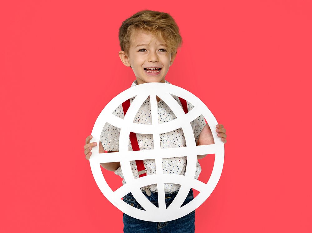 Little Boy Smiling Happiness Holding Globe Symbol Connection