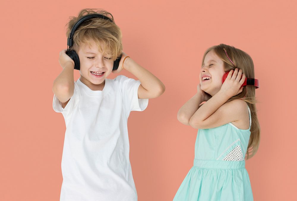 Little Children Headphones Enjoying Smiling