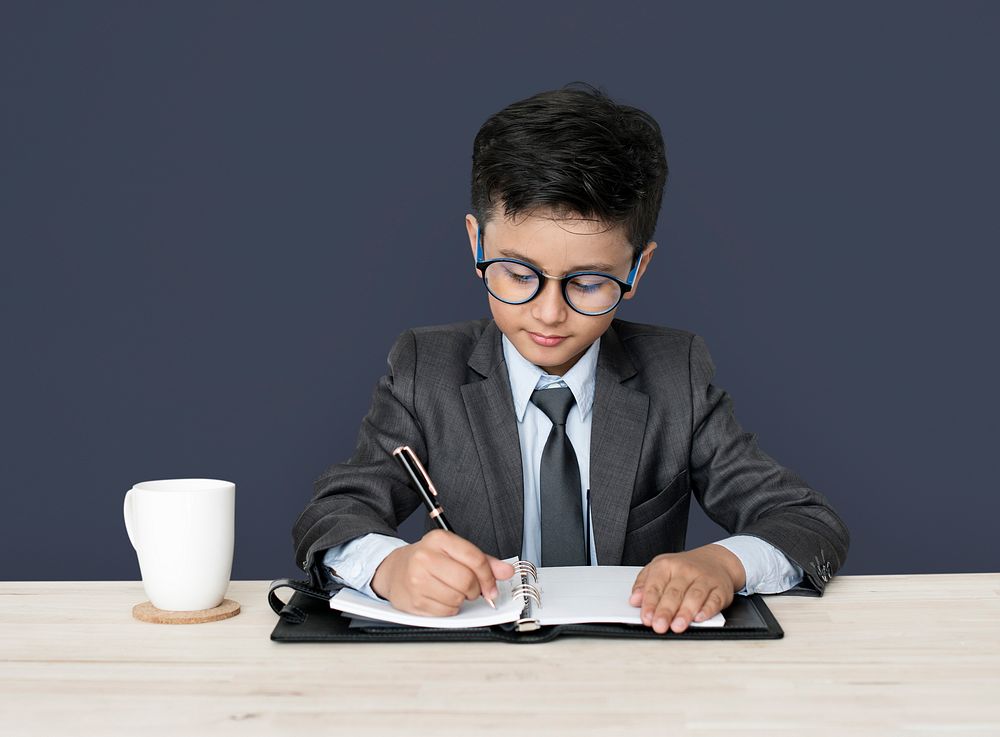 Little Boy Businessman Working Busy