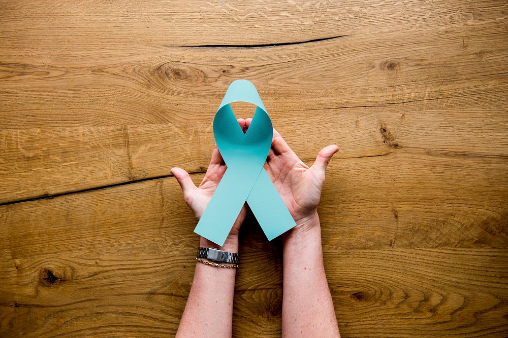 Hands Hold Show Light Blue Ribbon Prostate Cancer Awareness