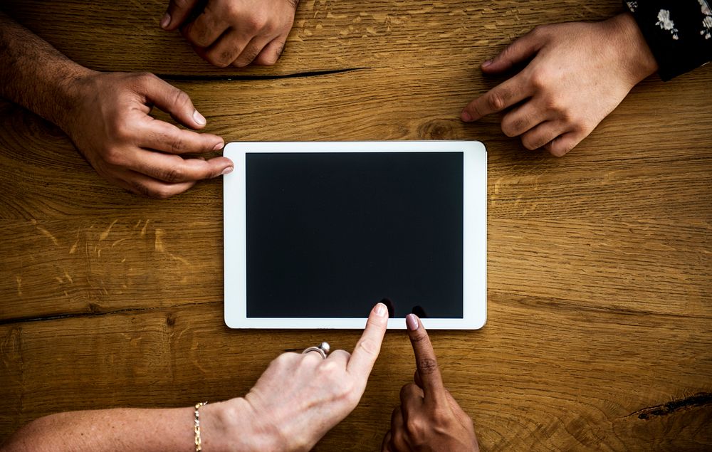 Hands Hold Digital Tablet Copy Space Together