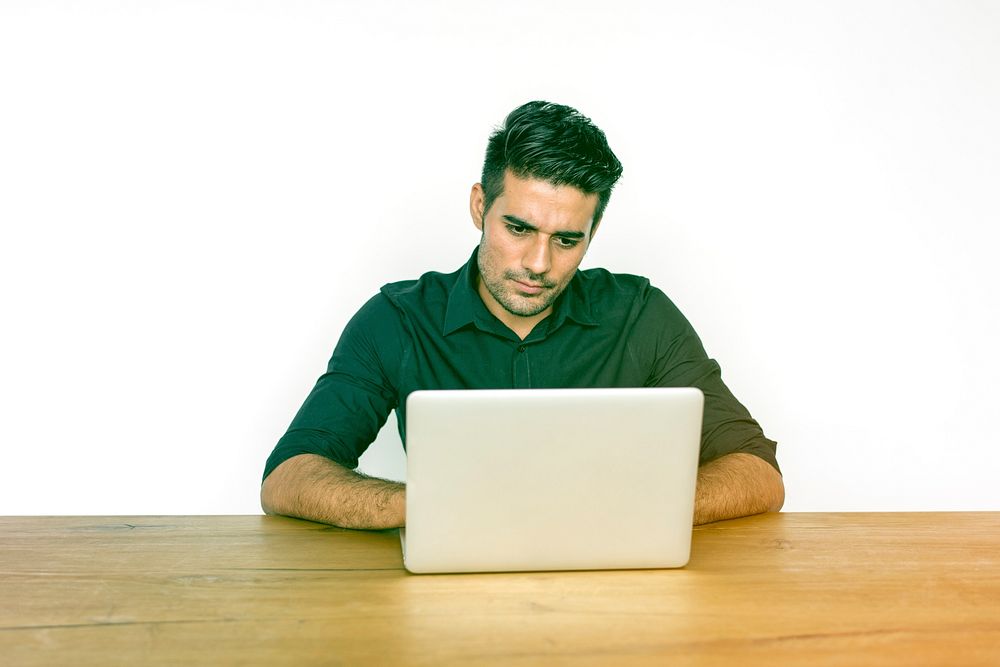 Adult Man Using Laptop Working
