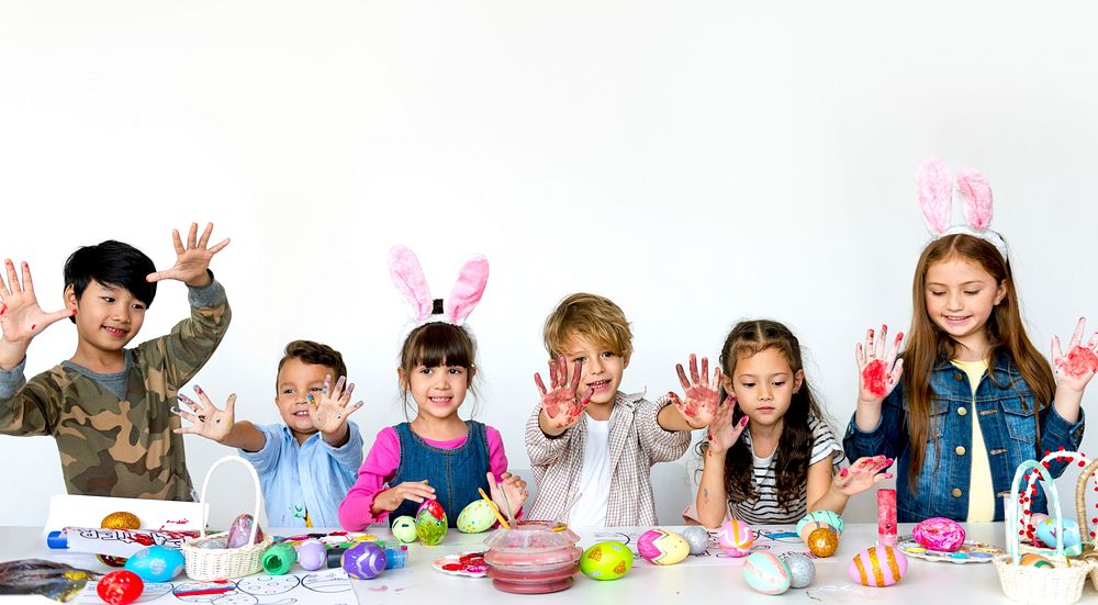 Group of Students Painting Easter Egg Fun on White Blackground