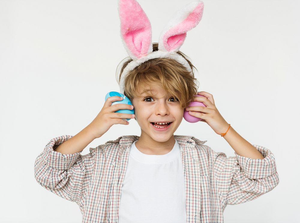 Kid Studio Shoot Wearing Bunny Ear Celebration Easter Egg
