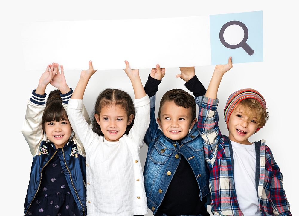 Group of Schoolers Kids Holding Search Bar Icon on White Background