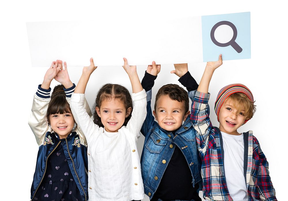 Happiness group of cute and adorable children with searching banner