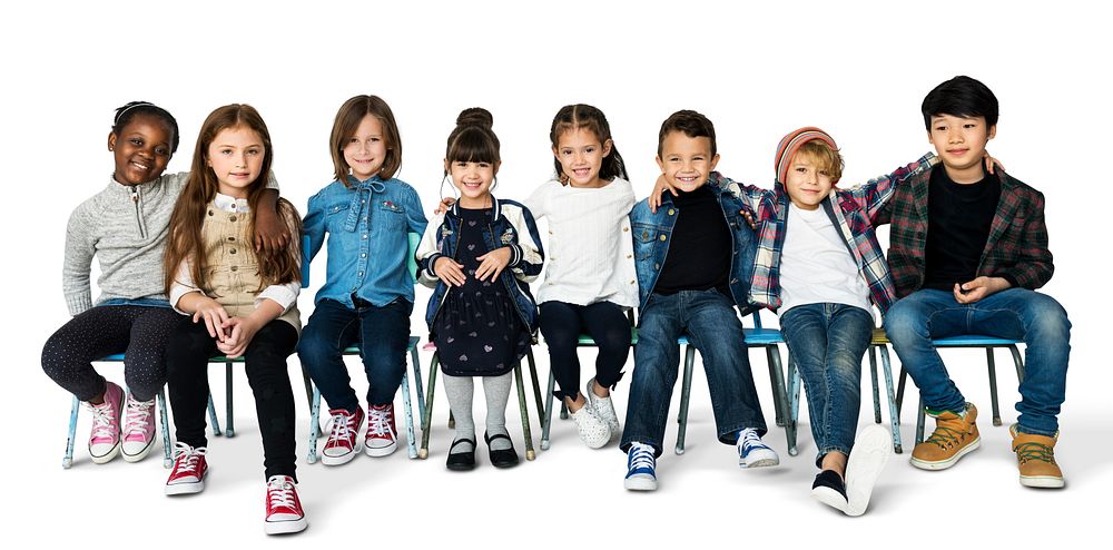 Group of Kids Sitting Togetherness Happiness Smiling on White Blackground