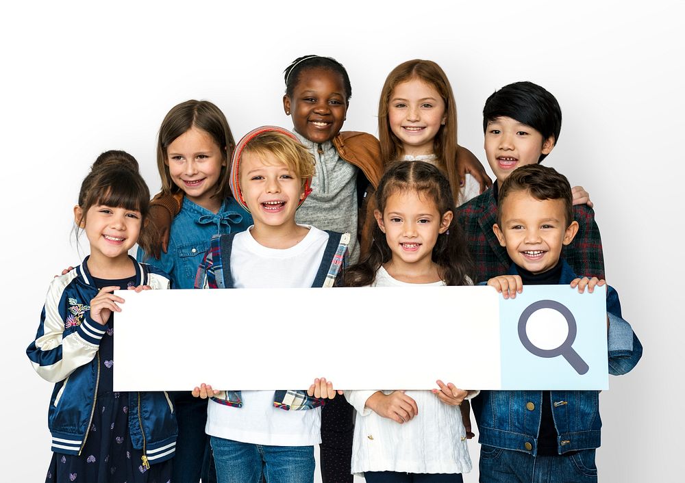 Group of Schoolers Kids Holding Search Bar Icon on White Background