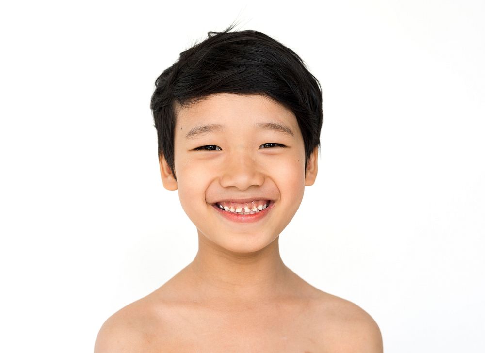 Kid Studio Portrait Shirtless Smiling on White Background