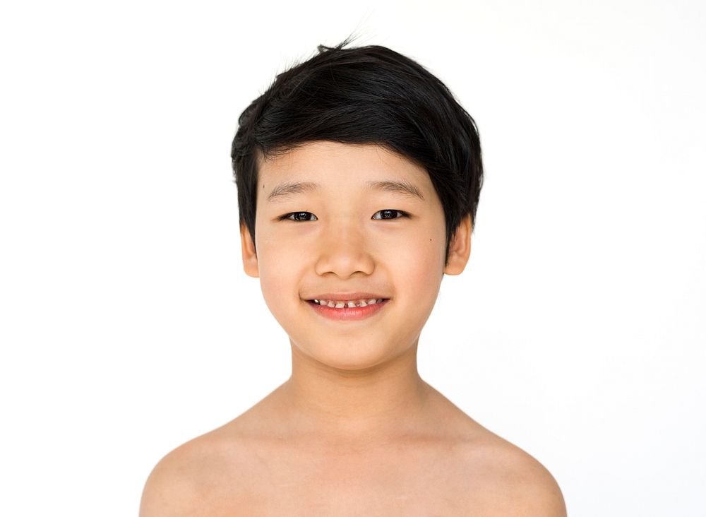 Kid Studio Portrait Shirtless Smiling on White Background