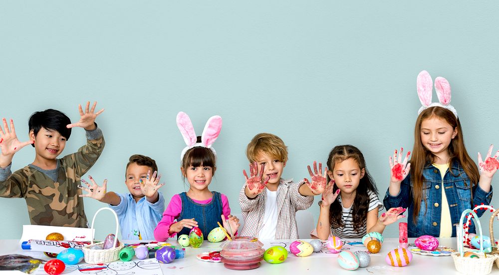 Happiness group of cute and adorable children prepare for easter