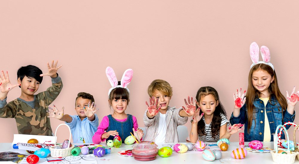 Happiness group of cute and adorable children prepare for easter