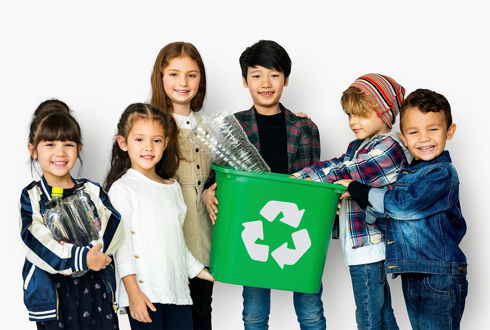 Group of Kids Holding Trash with Recycle Symbol on White Blackground