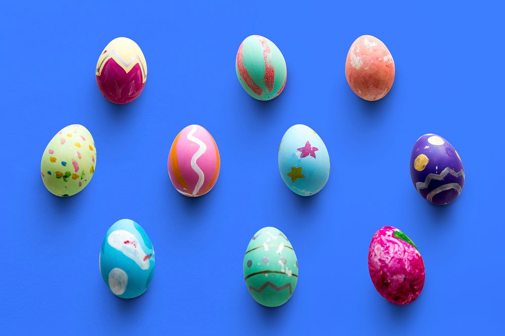 A variety easter painted eggs isolated on background.