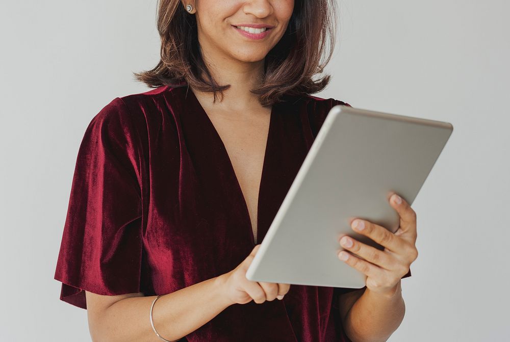 Adult Woman Smile Use Tablet Studio Portrait
