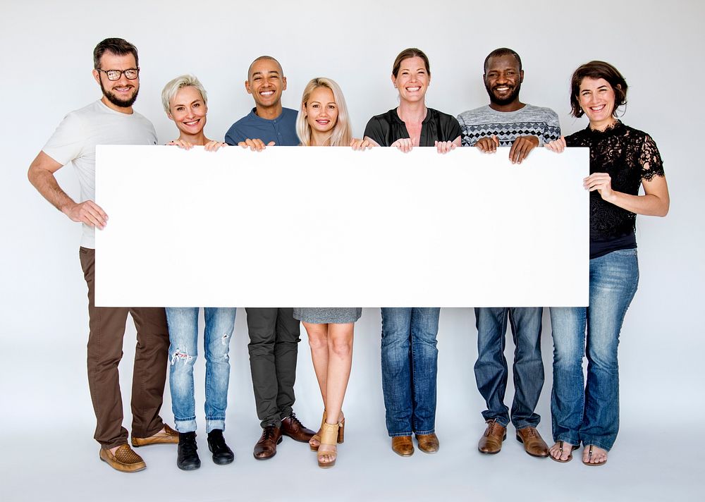 Group of Men and Female Show Present Blank Board