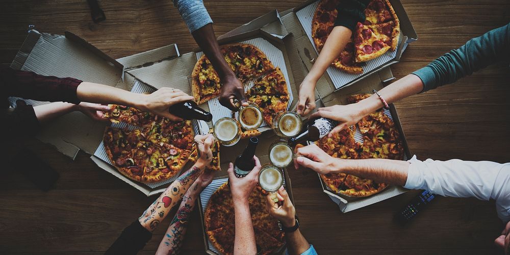 People Together Eat Pizza Drink Beers