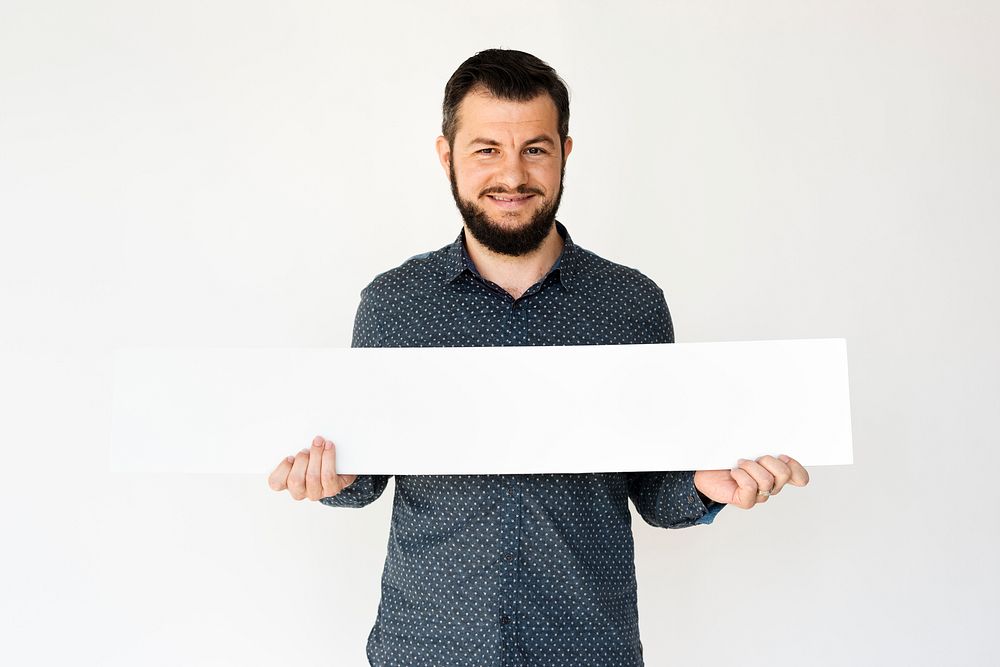 Man Hands Hold Show Blank Box Banner