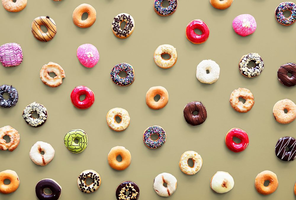 Varities of donut flavor shot in aerial view