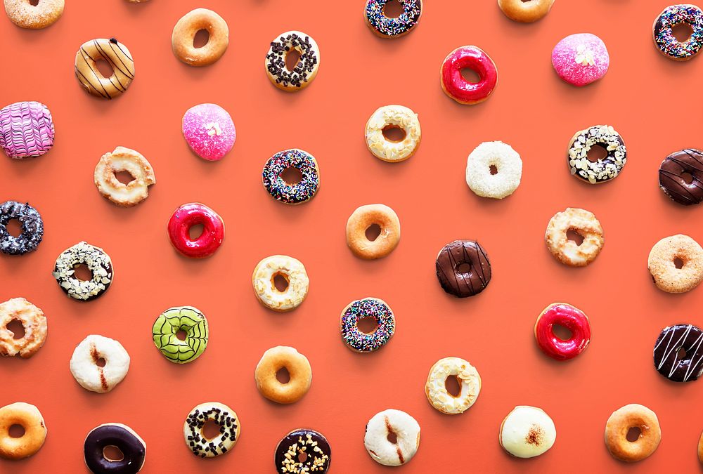 Varities of donut flavor shot in aerial view