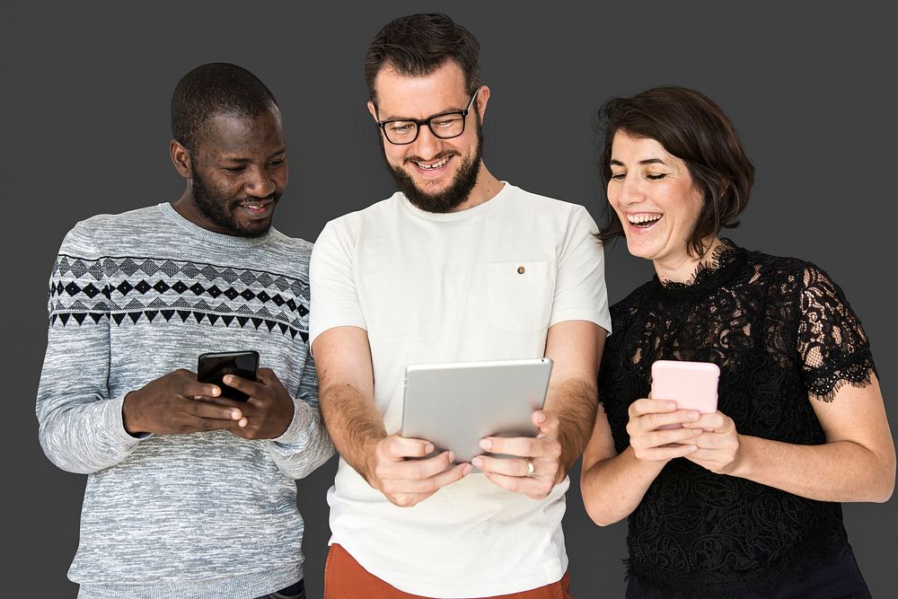 Happiness group of people smiling and conneted by digital devices
