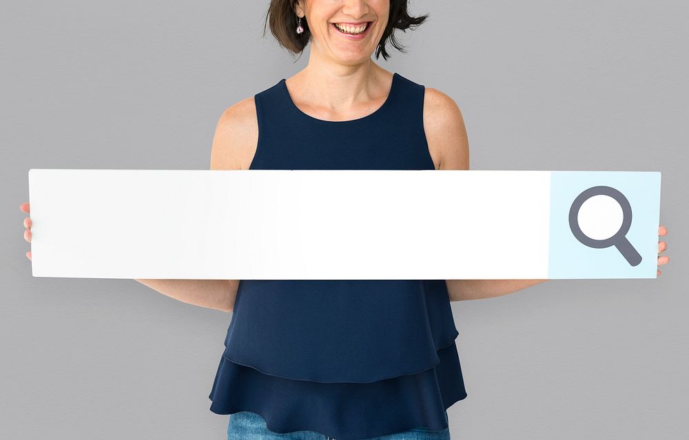Happiness woman holding searching banner studio portrait