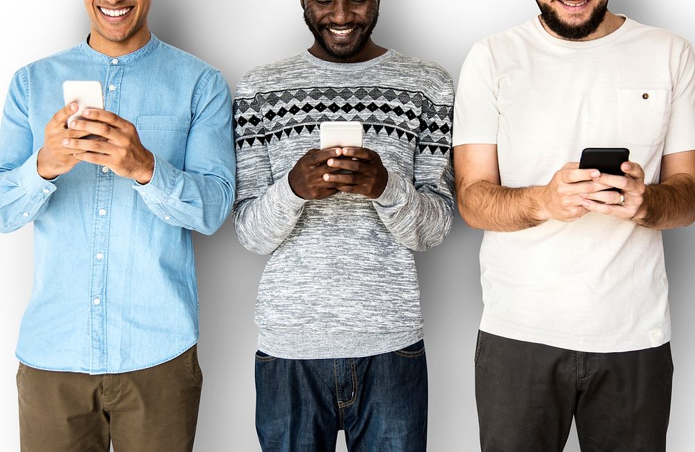 Happiness group of men smiling and conneted by mobile phone