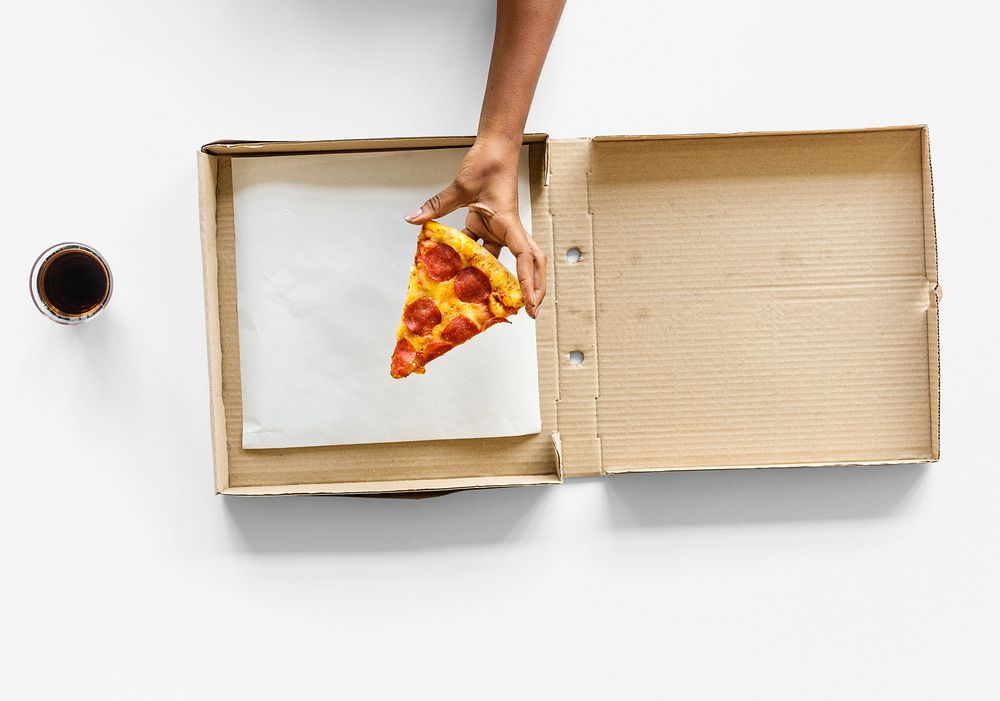 Hand Taking Last Slice of Pizza from Delivery Box