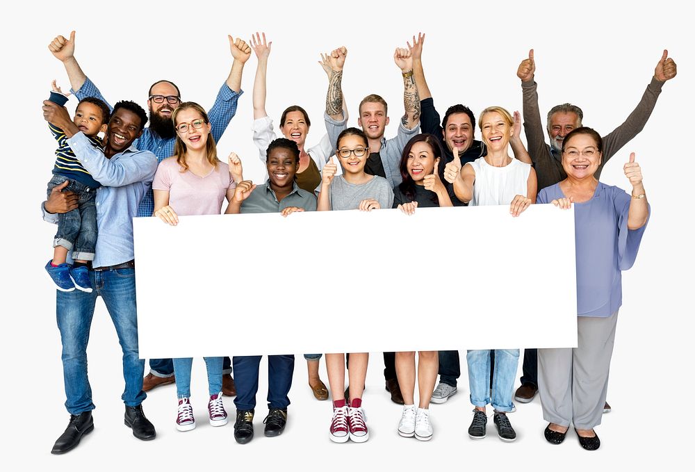Group of diversity people with copyspace board advertising