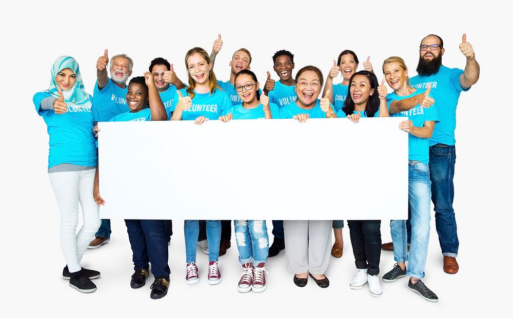Group of people volunteer with empty board advertising