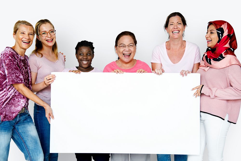 Group of women holding empty board for advertising