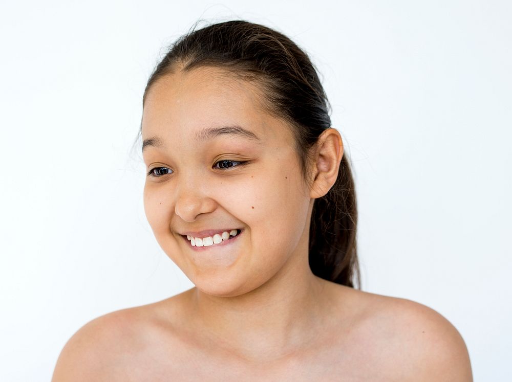 Young Woman Face Expression Side Shirtless Studio Portrait
