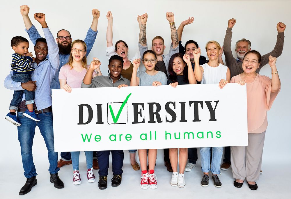 Happiness group of people holding banner of diversity human races