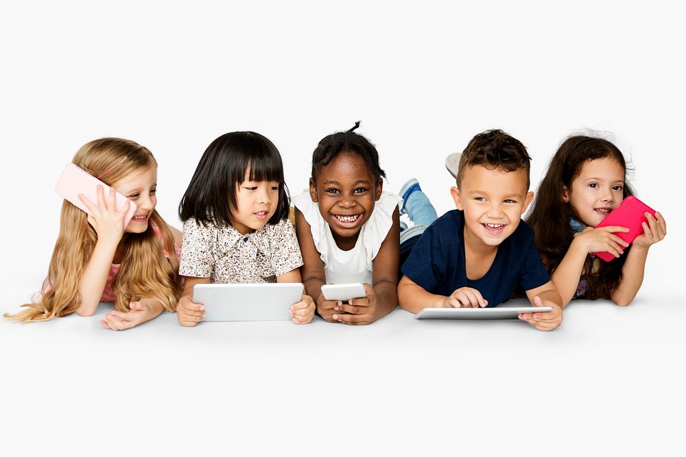 Cheerful children holding digital devices