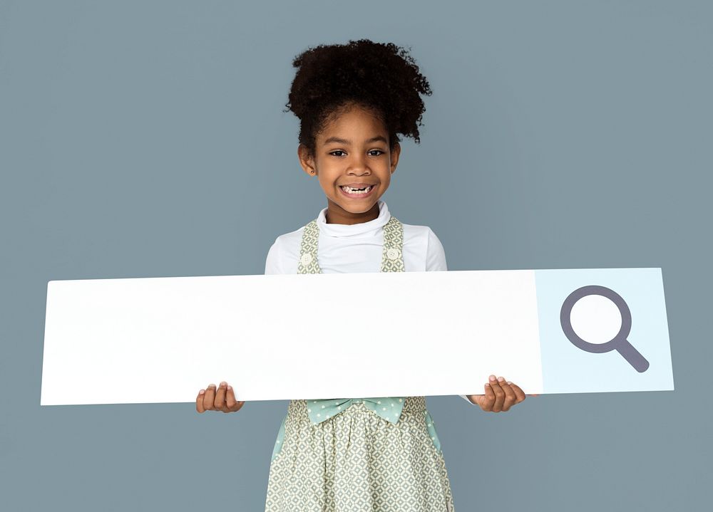 Little Girl Holding Magnifying Glass Search Box Studio Portrait