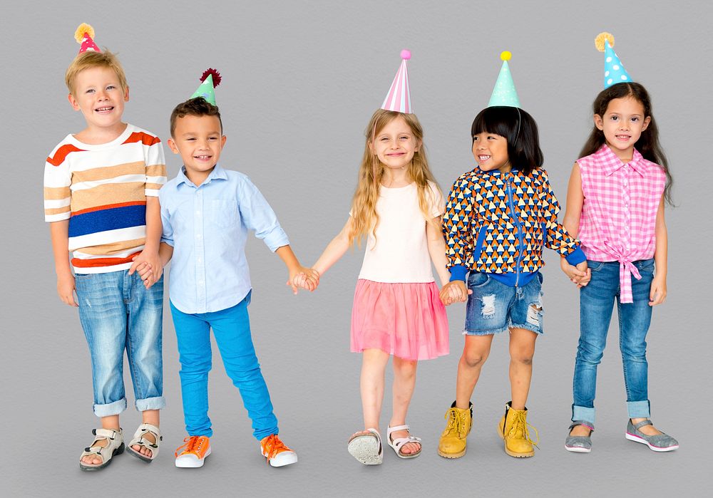 Diverse Group Of Kids Standing in a Row in Festive Hat Party
