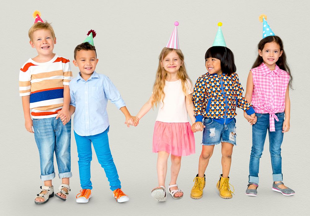 Diverse Group Of Kids Standing in a Row in Festive Hat Party