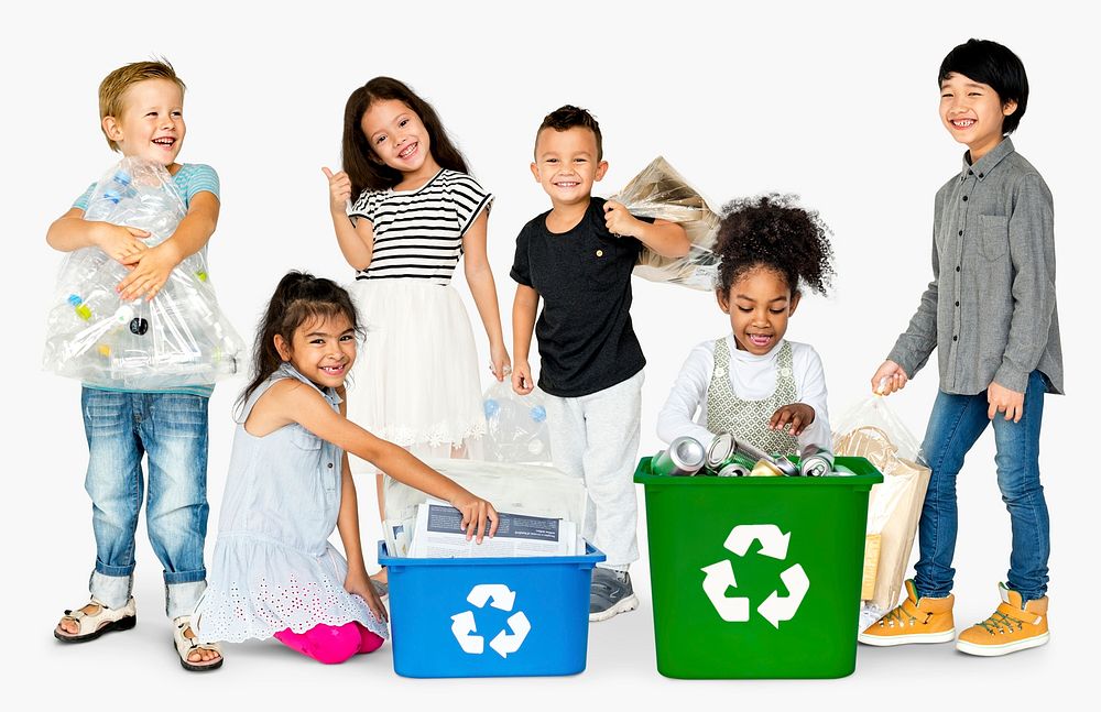 Group of diverse cheerful kids separating recyclable objects