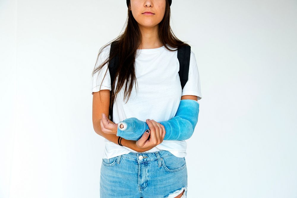 Young adult girl splint arm broken physical injury